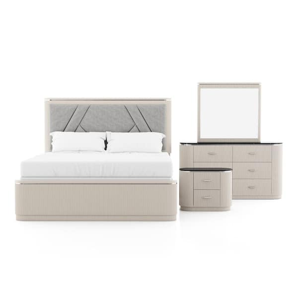 Addy 4-Piece Modern Light Gray Wood Queen Panel Bedroom Set with Nightstand and Dresser/Mirror