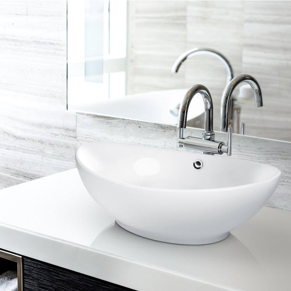 Large White Oval Ceramic Above-Counter Vessel Sink