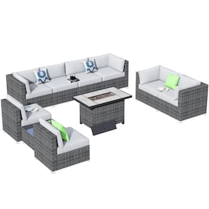 Messi Grey 10-Piece Wicker Outdoor Patio Fire Pit Conversation Sofa Sectional Set with Light Grey Cushions