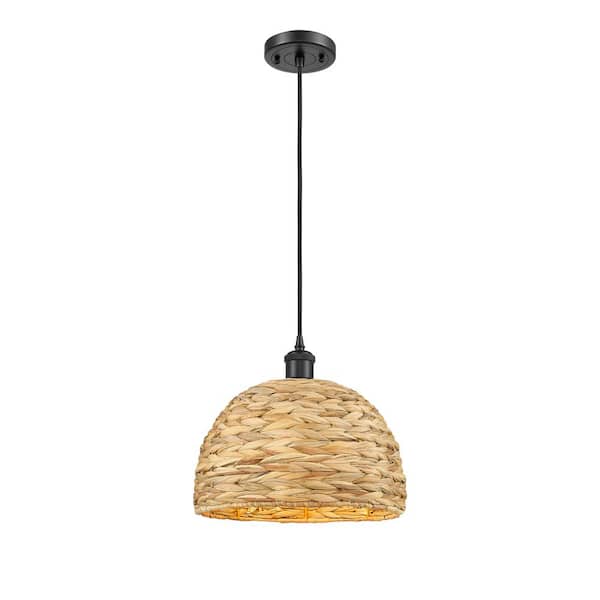 Innovations Woven Rattan 100-Watt 1-Light Matte Black Shaded Mini Pendant Light with Rattan Shade