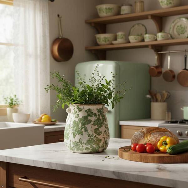 ヴィンテージフラワーベース(スモークグリーン) Vintage Floral Series 6.5 in. in Green Ceramic Round Decorative