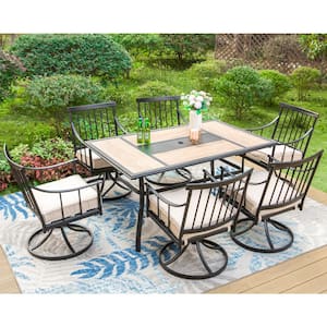 7-Piece Metal Patio Outdoor Dining Set with Wood-Look Tabletop and Swivel Stylish Arm Chairs with Beige Cushion