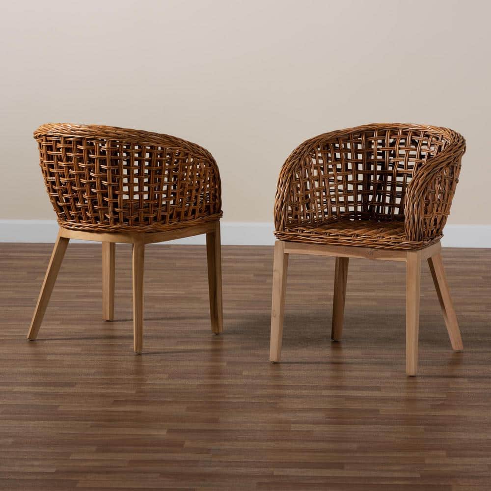Natural Brown Teak Wood and Rattan 2-Piece Dining Chair Set