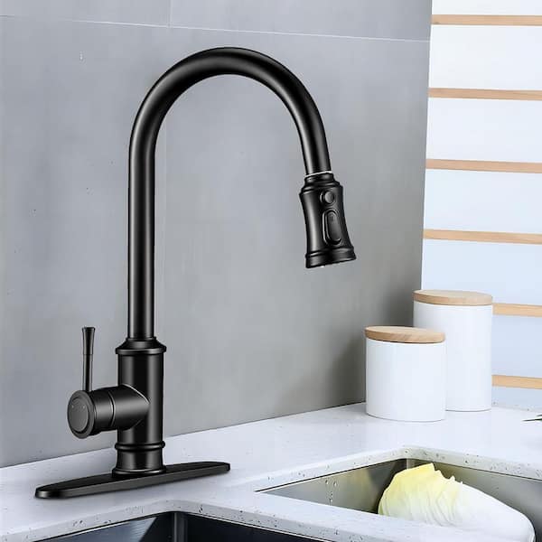 UPIKER Single Handle Pull Down Sprayer Kitchen Faucet with Deckplate Included in Matte Black