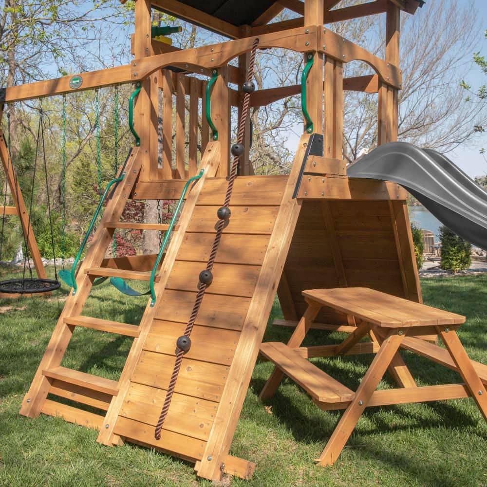 Endeavor II Cedar Swing Set with Gray Wave Slide