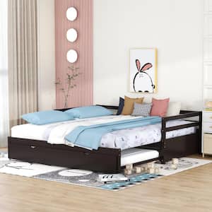 Espresso Twin or Double Twin Daybed with Trundle, Wooden Extendable Daybed Frame for Kids Teens Bedroom