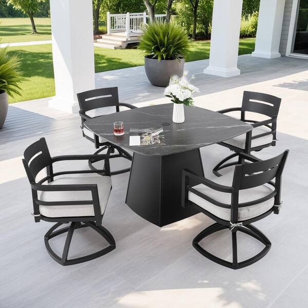 5-Piece Aluminum Outdoor Dining Set with White Cushions, 44 in. Rounded Square Table w/ Flared Base and 4 Swivel Rockers