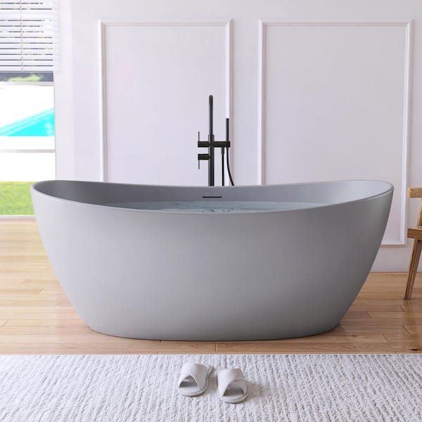 MEDUNJESS Cyrena 65 in. x 33.5 in. Stone Resin Solid Surface Flatbottom Freestanding Soaking Bathtub in Light Gray