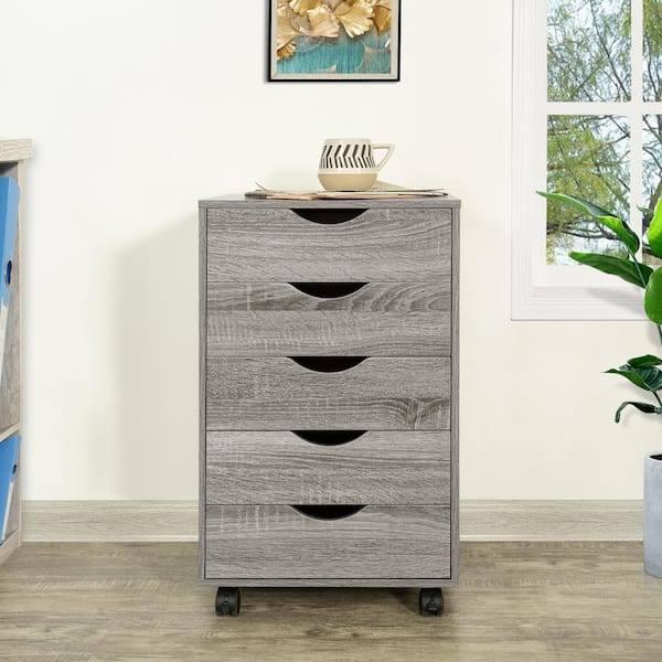MAYKOOSH 5-Drawer Gray Oak Wood 15.75 in. W Rolling Vertical File Cabinet, Craft Storage Dresser Organizer with Drawers