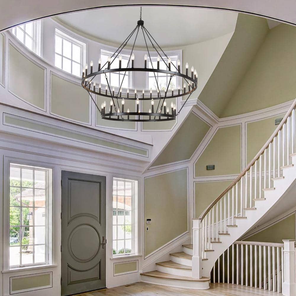 60-Inch Matte Black 2-Tier Wagon Wheel Chandelier with 54 Candle Lights