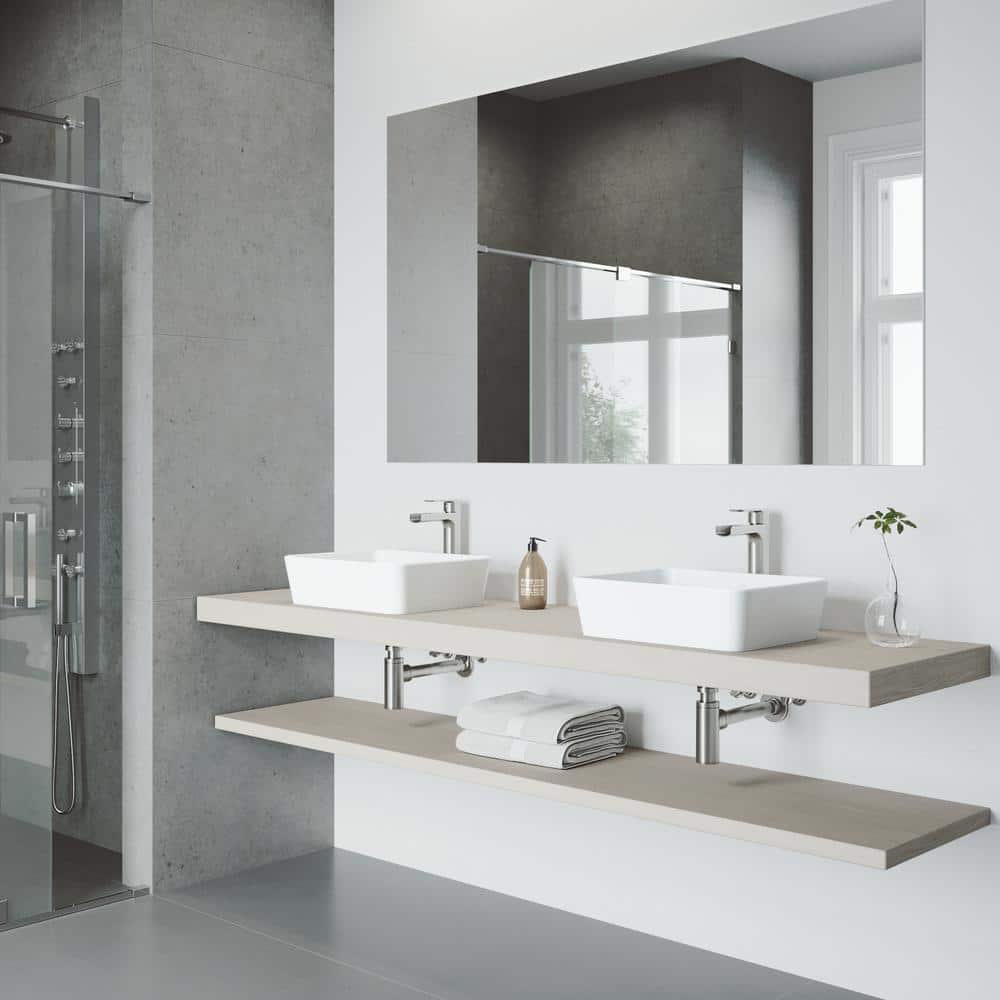 White Stone Rectangular Vessel Sink with Brushed Nickel Faucet