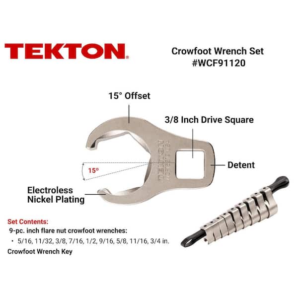 5/16-3/4 in. 3/8 in. Drive 6-Point Flare Nut Crowfoot Wrench Set (9-Piece) with Key