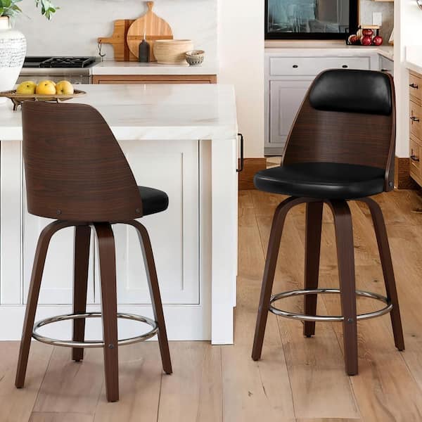 Unbranded Edward 26 in. Black Faux Leather Swivel Bar Stool Solid Wood Walnut Frame Counter Height Bar Stool