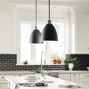 Varus 10.5 in. W 1-Light Matte Black Metal Modern Industrial Pendant with Brushed Nickel Accent and White Inner Shade