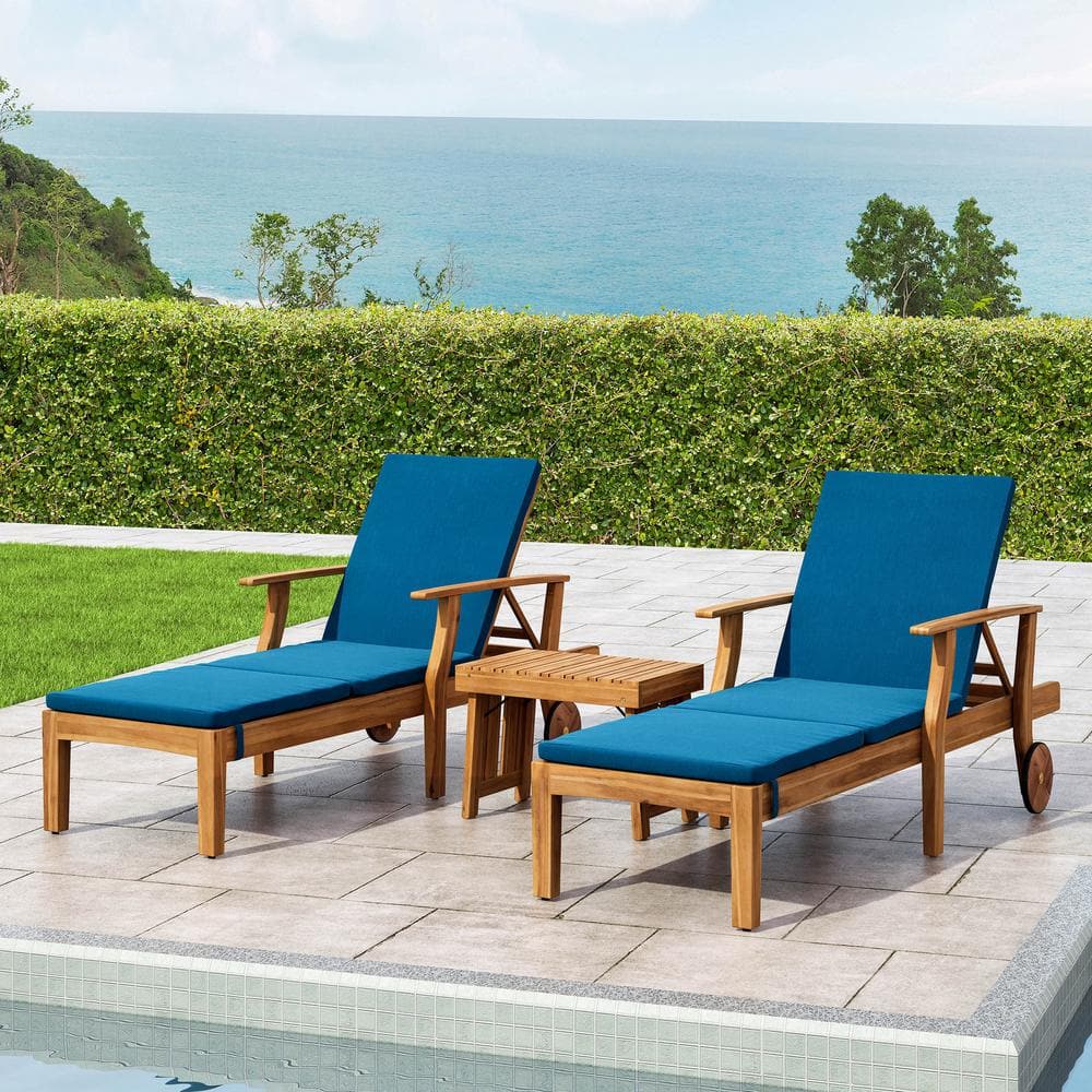 Teak Brown and Blue 5-Piece Outdoor Chaise Lounge Set