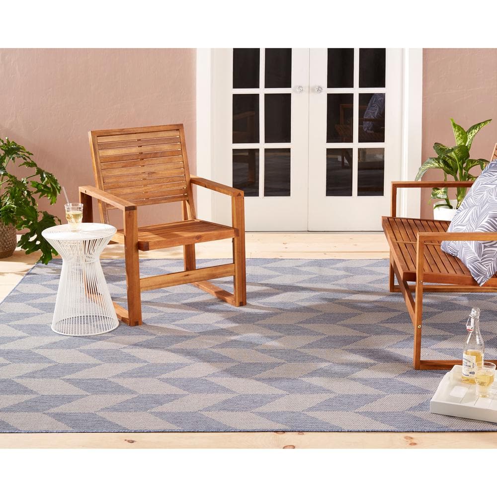 Blue and Grey Herringbone Indoor/Outdoor Rectangular Rug 6' x 9'