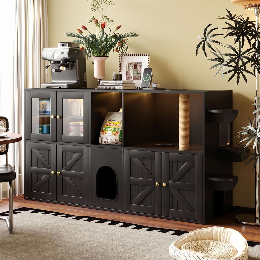 Farmhouse 35.4 in. H Black MDF Accent Storage Cabinet Cat House with Built-in Scratching Post and LED Lights