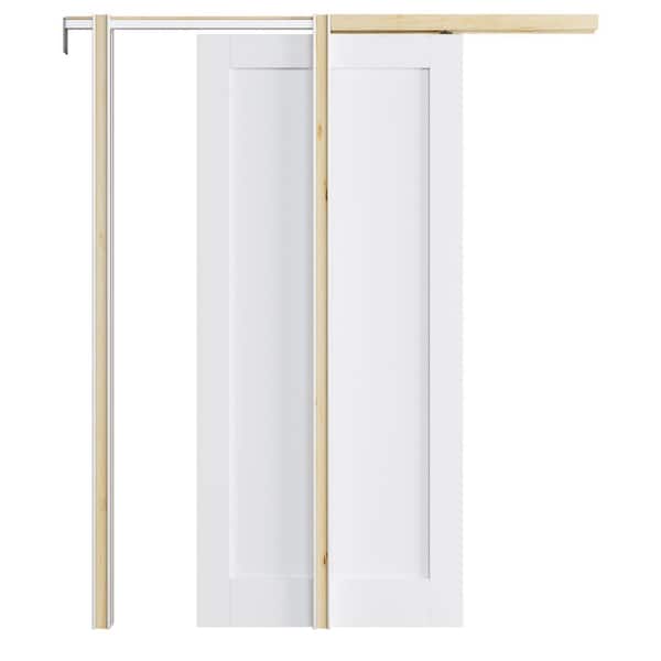 36 in. x 96 in. Paneled White Primed MDF Pocket Sliding Door with Pocket Door Frame and Hardware Kit