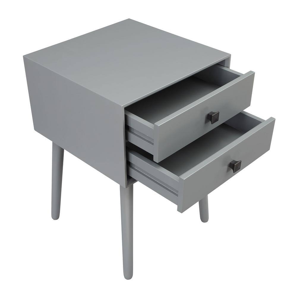 Gray Mid-Century Modern 2-Drawer Rubberwood Nightstand