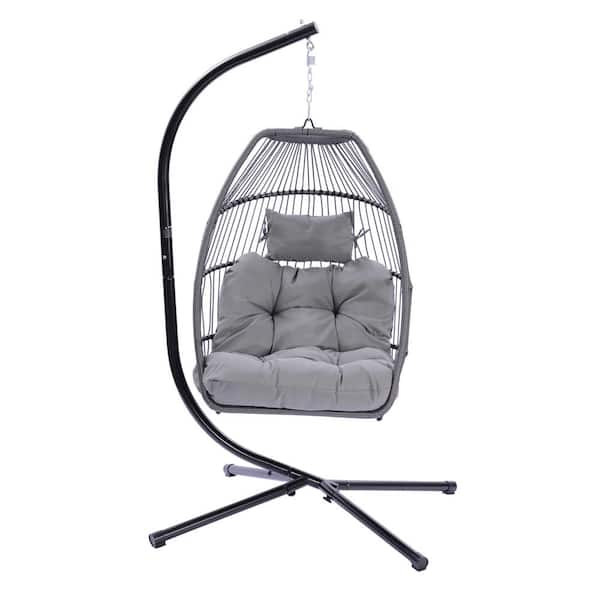 ToolCat 31 in. 1-Person Black Wicker Patio Swing Hammock Egg Chair With C Type Bracket and Grey Cushion