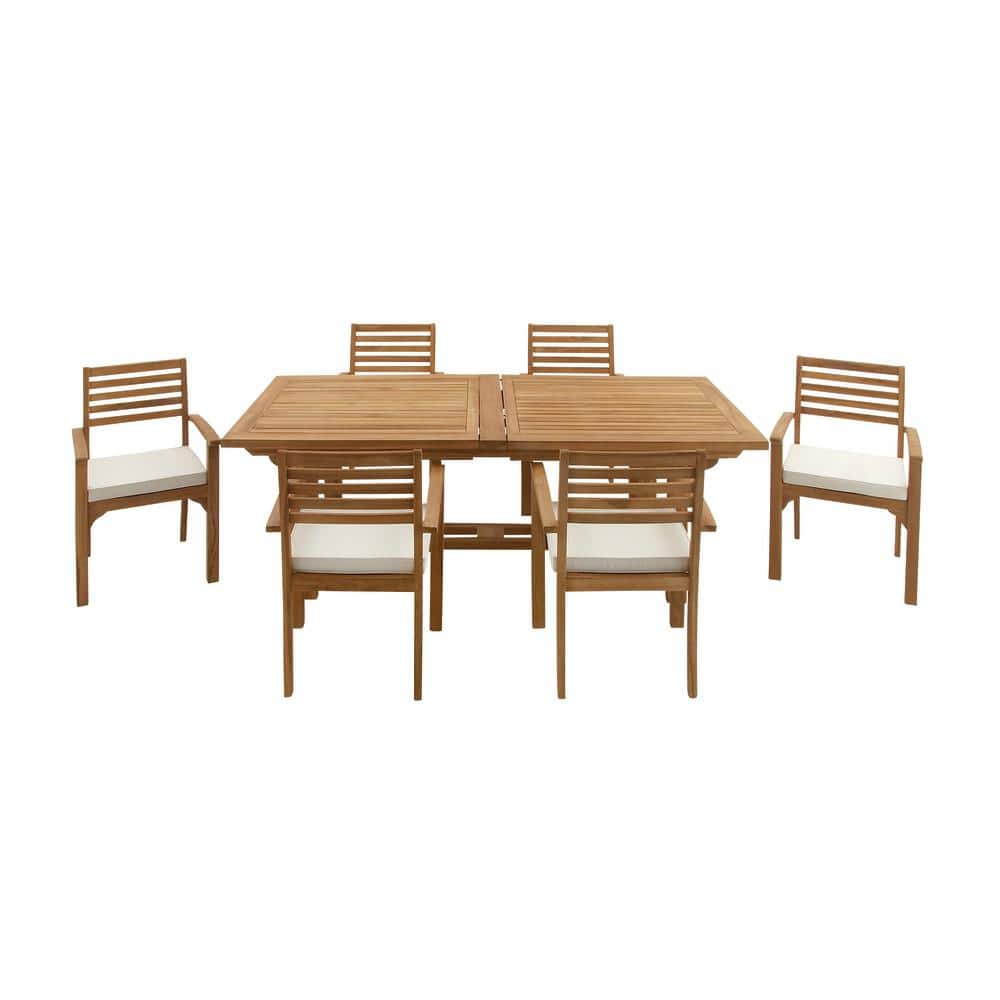 Brown Teak 7-Piece Outdoor Dining Set with White Cushions