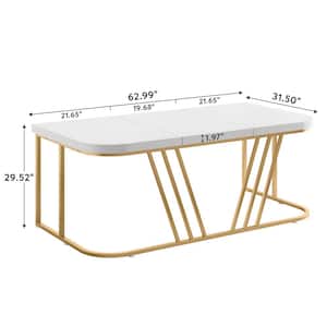 63 in. Executive Desk White and Gold Computer Desk with Thicken Frame