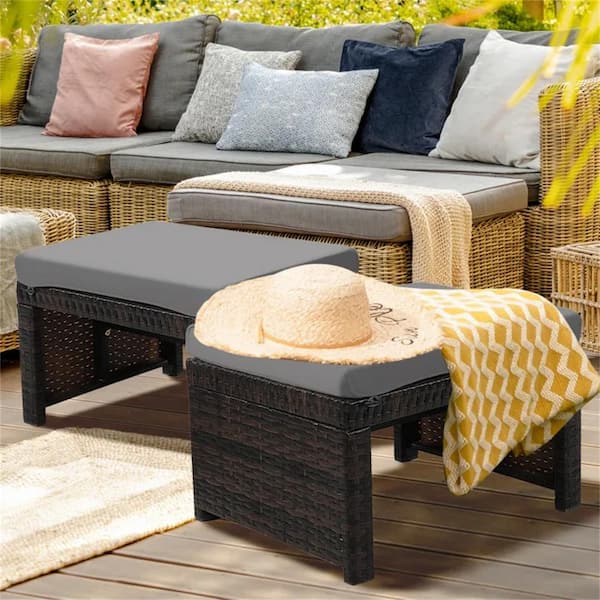 Cubilan Gray Wicker Outdoor Storage Stool without Sunshade with Gray Cushion (1-Pack）