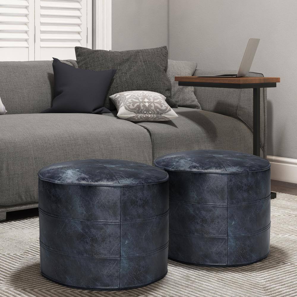 Connor Distressed Navy Blue Genuine Leather Round Pouf