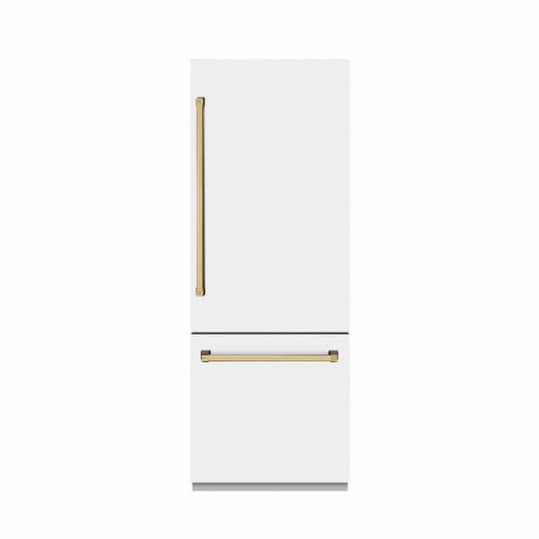 ZLINE Kitchen and Bath 30 in. 16.1 cu. ft. Built-In Bottom Freezer Refrigerator in Matte White with Graphite Gray Interior and Gold Accents