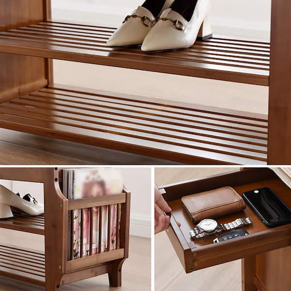 Solid L-Shape Shoe Rack Detachable 3 Tier Bamboo Shoe Bench with
