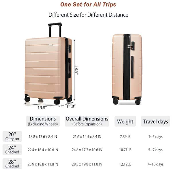 Merax Gold Lightweight 3-Piece Expandable ABS Hardshell Spinner Luggage Set with 3-Step Telescoping Handle and TSA Lock