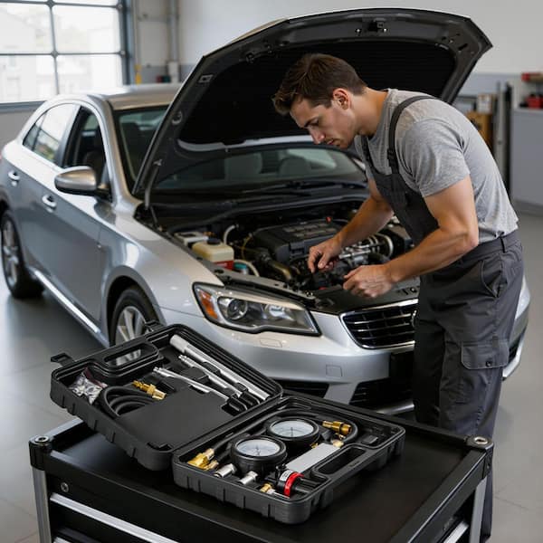 Engine Cylinder Compression Tester Kit, Pressure Gauge Range 0-100 PSI, Automotive Leak Down Tester Set with 4 Adapters