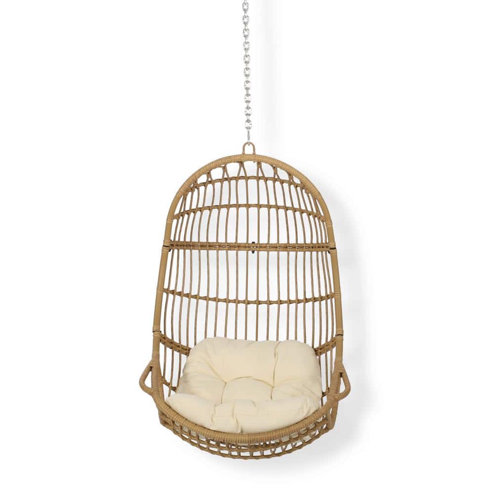 Light Brown and Beige Faux Rattan Hanging Chair with Cushions