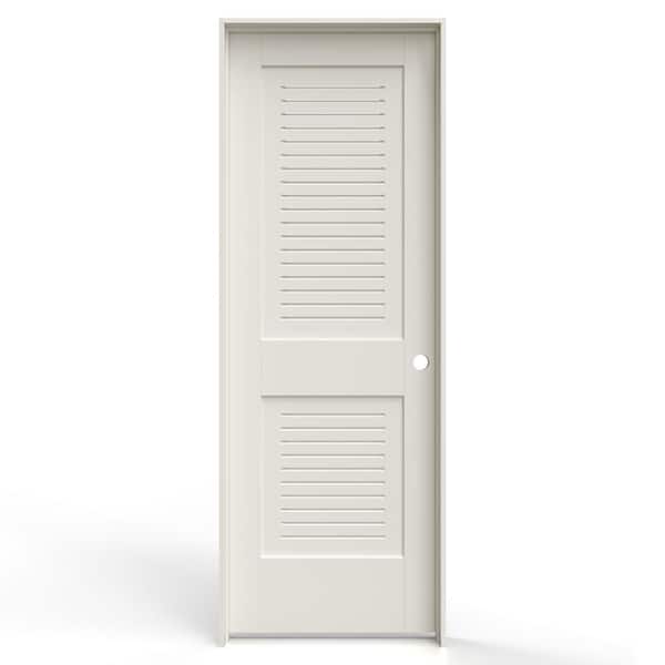 JELD-WEN 28 in. x 80 in. 2 Panel Left-Handed Primed MDF Wood Single Prehung Interior Door Full Modern Ventilated Panel Louver