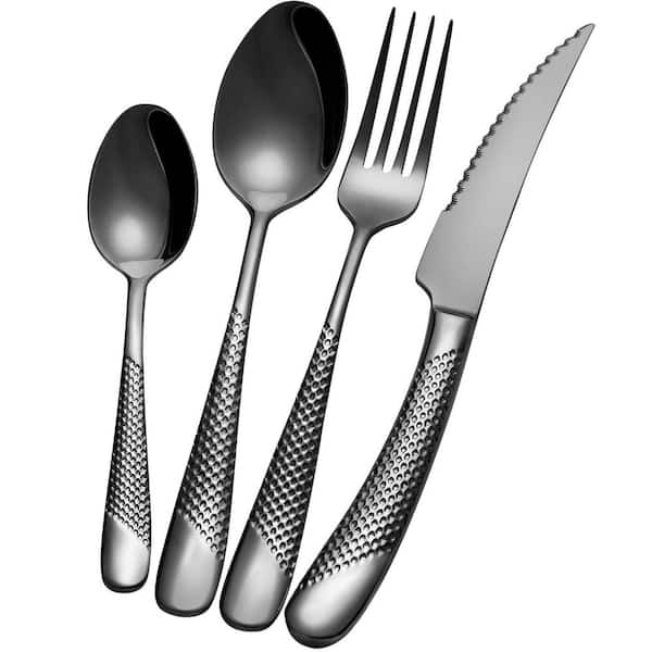 16-Piece Modern Black Hammered 18/10 Stainless Steel Flatware Set (Service for 4), Ergonomic Non-Slip Handles