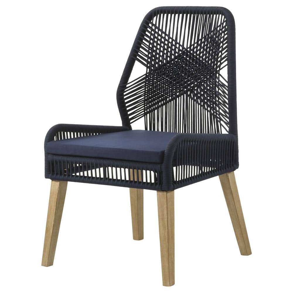 Navy Blue Woven Rope Upholstered Side Chair with Mahogany Legs