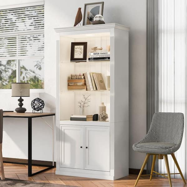 Harper & Bright Designs 78.75 in. Tall White Wood Standard Bookcase with tempered glass shelves and 5 Colors Adjustable LED Ceiling Light