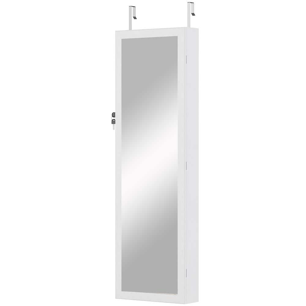 White Rectangular Lockable Wood Jewelry Cabinet with Mirror, LED Lights and