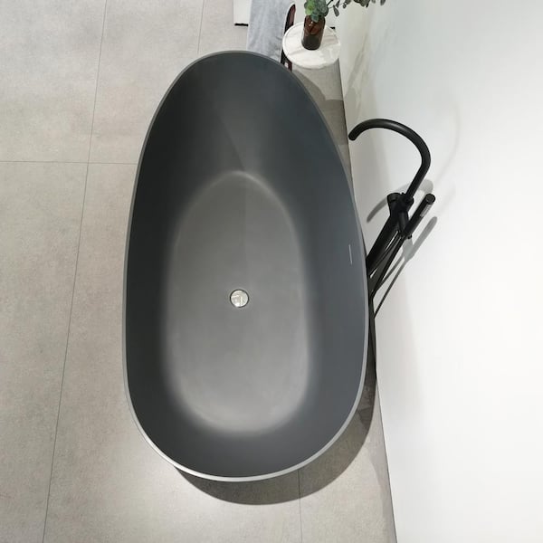 Luna 67 in. x 33.5 in. Stone Resin Solid Surface Flatbottom Freestanding Soaking Bathtub in Concrete Gray