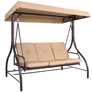 3-Person Metal Patio Swing with Tan Cushion