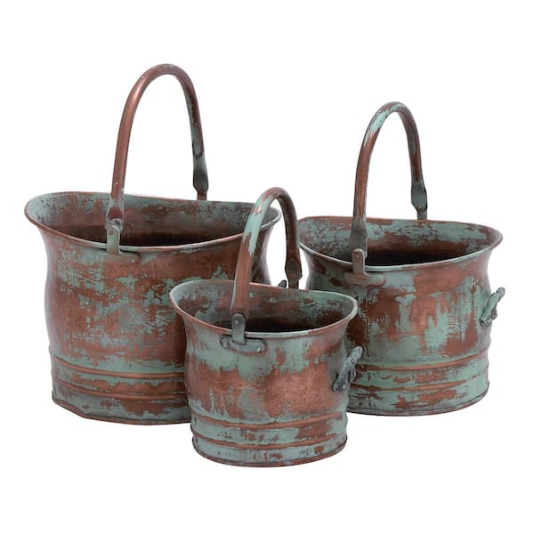Litton Lane 10 in. 8 in. 8 in. Medium Copper Metal Indoor Outdoor Patina Tulip Style Bucket Planter with Stationary Handles (3-Pack)