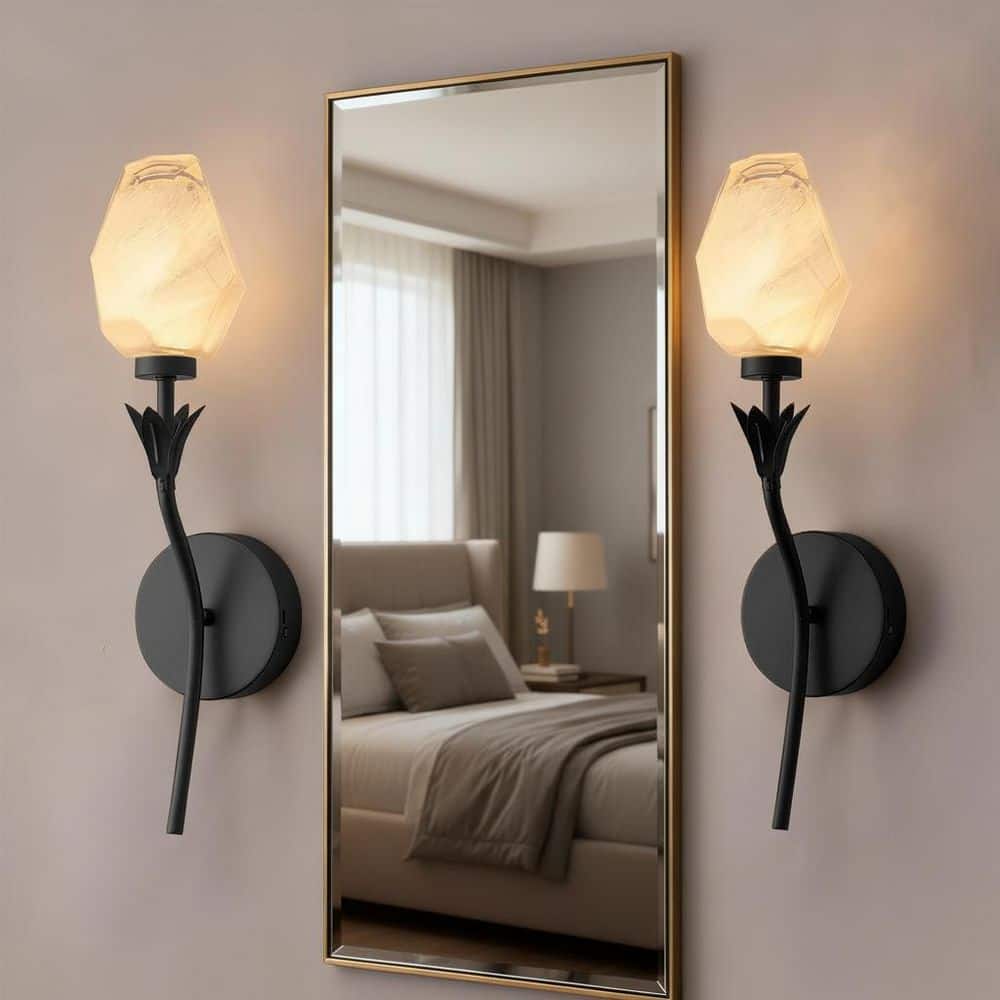 6 in. 1-Light Black Wireless Dimmable Wall Sconce with Flower Art Glass, Decorative Wall Decor for Bedroom, 2-Pack price history on PriceWatchPro