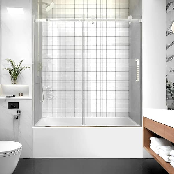 57-60 in. W x 60 in. H Sliding Frameless Tub Door in Brushed Nickel with Clear Glass