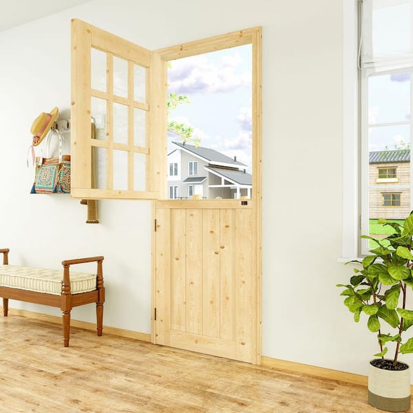 30 in. x 80 in. Solid Pine Universal 9-Lite Clear Glass Unfinished Dutch Wood Prehung Front Door w/Quick Assemble Jamb