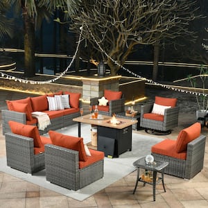 Sanibel Gray 11-Piece Wicker Outdoor Patio Conversation Sofa Set with a Storage Fire Pit and Orange Red Cushions