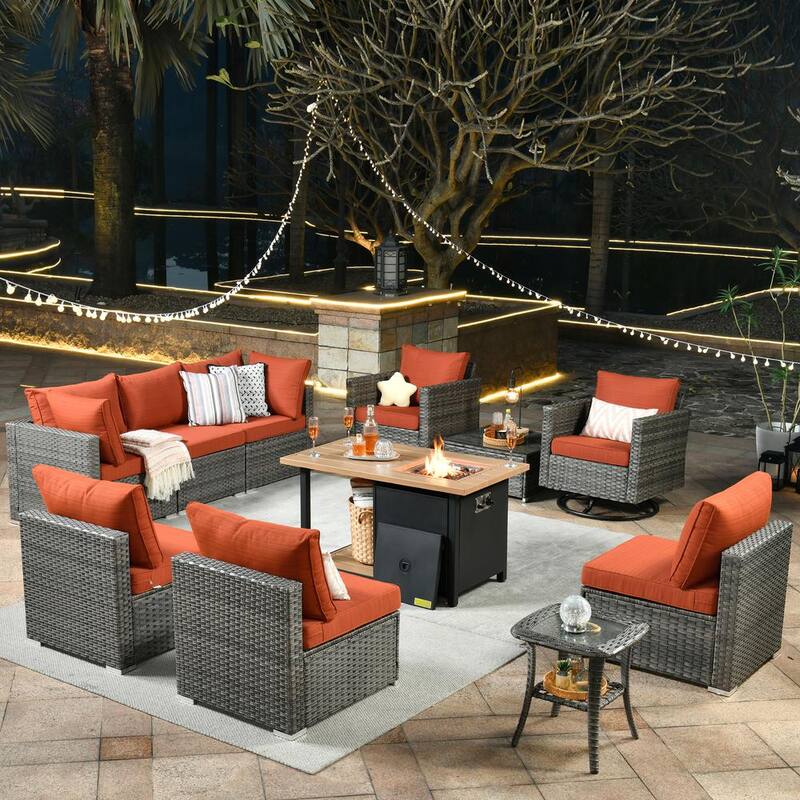 Sanibel Gray 11-Piece Wicker Outdoor Patio Conversation Sofa Set with a Storage Fire Pit and Orange Red Cushions