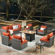 Sanibel Gray 11-Piece Wicker Outdoor Patio Conversation Sofa Set with a Storage Fire Pit and Orange Red Cushions