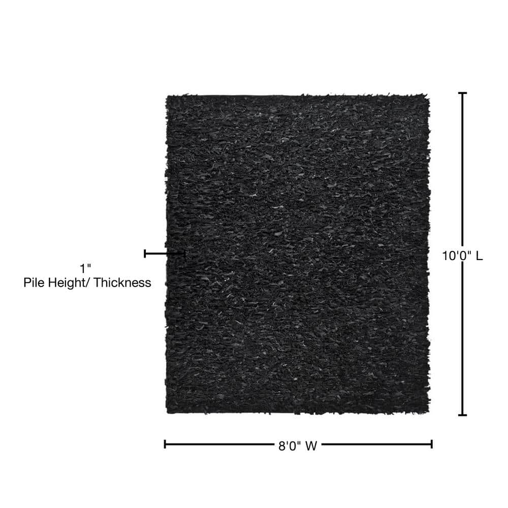 Contemporary Black Leather Hand-Knotted Shag Rug 8' x 10'