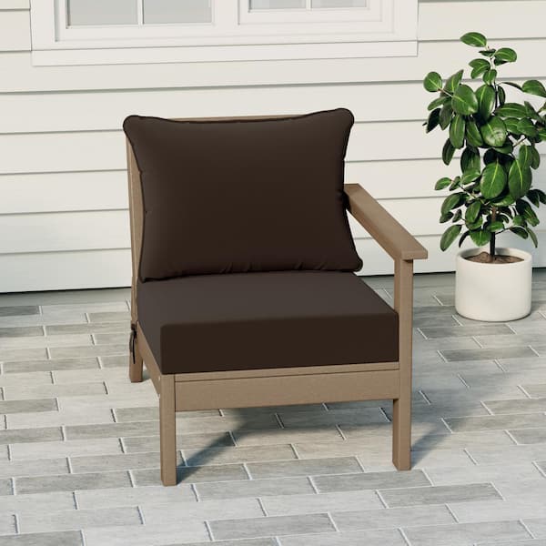 Birchwood Outdoor Patio Deep Seating Right Facing Arm HDPE Lounge Chair in Weathered Wood with Brown Cushions