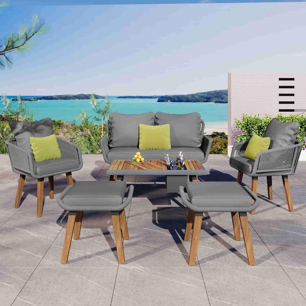 SpassWay Black 6-Piece Acacia Wood Cool Bar Table Bar Height Outdoor Serving Bar Set with Beige Neutral Cushions